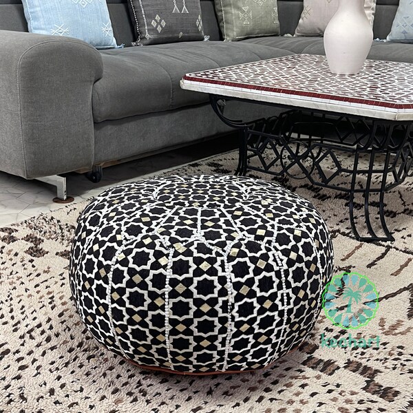 Kechart - pouf marocain fait à la main, pouf de sol, housse de pouf, décor à la maison, cuir véritable, tissu, chaises et poufs, coussin de siège, repose-pieds