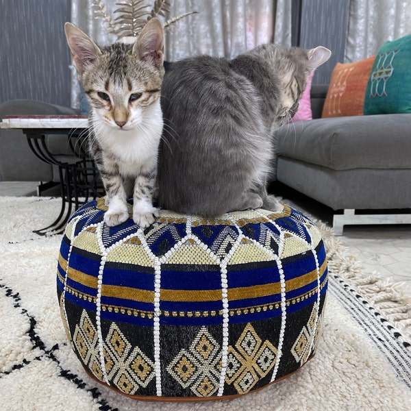 Kechart – Siège marocain confortable, pouf marocain, housse de pouf, décoration intérieure, cuir véritable, coussin de siège, repose-pieds, pouf marocain fait à la main