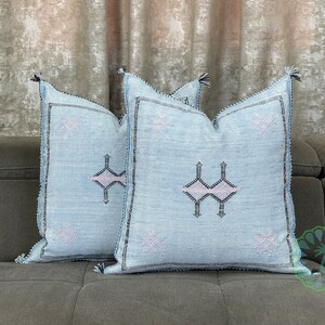 Blue Moroccan Cactus Silk Pillow: Handmade Outdoor Decor (20x20 in)