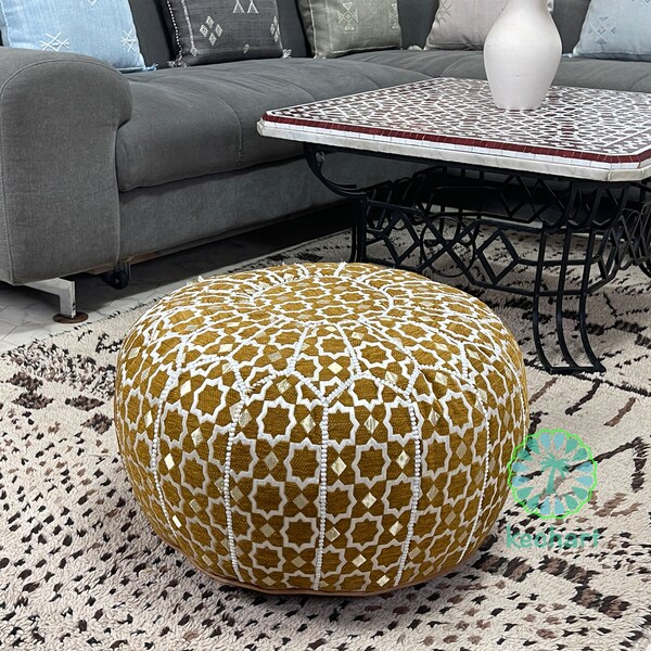 Kechart - Pouf marocain rond, pouf de sol, housse de pouf, décor à la maison, cuir véritable, tissu, chaises et poufs, coussin de siège, repose-pieds