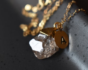 Handmade raw Herkimer diamond 14K Gold Filled personalized pendant necklace Custom Initial charm