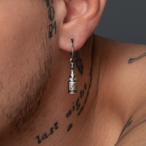 Oxidized Sterling Silver Hoop Earring for Men: Champagne Bottle Dangle