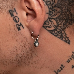 Oxidized Sterling Silver Hand Grenade Hoop Earring: Men&#39;s Dangle Jewelry