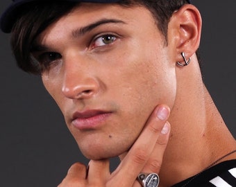 Sterling Silver Anchor Stud Earring for Men, Black Goth Huggie Gift