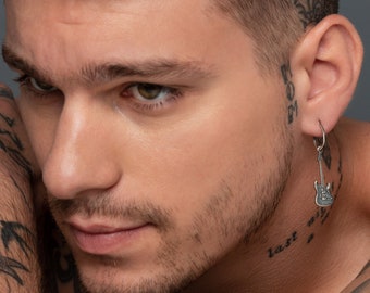 Sterling Silver Guitar Dangle Earring for Men, Music Jewelry Gift