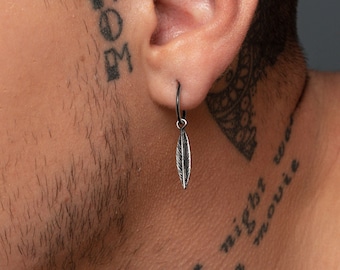 Dangle Earring for Men - Sterling Silver Feather Earring, Goth Style Mens Jewelry Gifts for Him Birthday Gift unique gift for dad