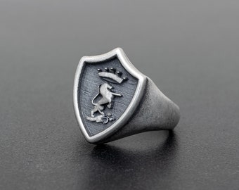 Sterling Silver Shield Ring: Lion & Crown Medieval Jewelry