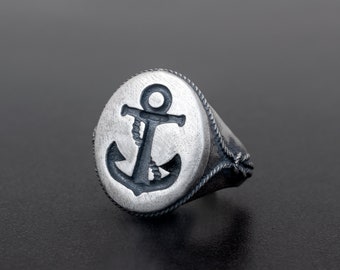 Sterling Silver Anchor Ring for Men, Embossed Nautical Knot Design