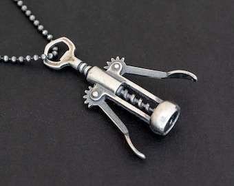 Oxidized Sterling Silver Corkscrew Necklace, Wine Lover Gift for Men