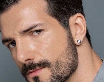 Sterling Silver Stud Earrings for Men: Square Minimalist Design Gift for Men