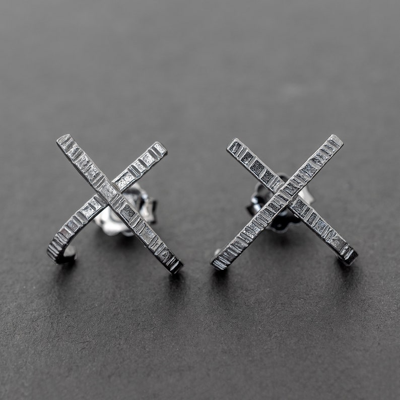 Mens stud earrings, x design, minimal handmade, silver earrings, studs for men, black rhodium, geometric studs, hammered earrings, small stud, butterfly back.