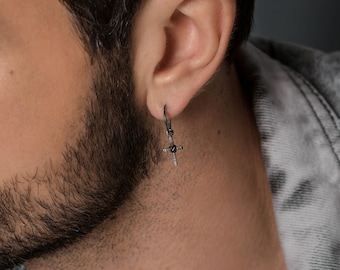 Black Sterling Silver Cross Dangle Earring - Gothic Mens Jewelry