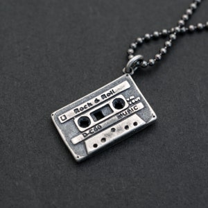 Oxidized Sterling Silver Cassette Tape Necklace - Retro Music Pendant