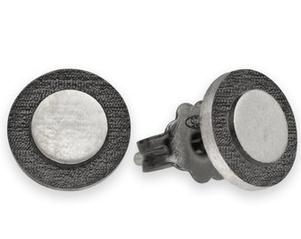 Oxidized Sterling Silver Round Stud Earrings: Geometric Mens Jewelry