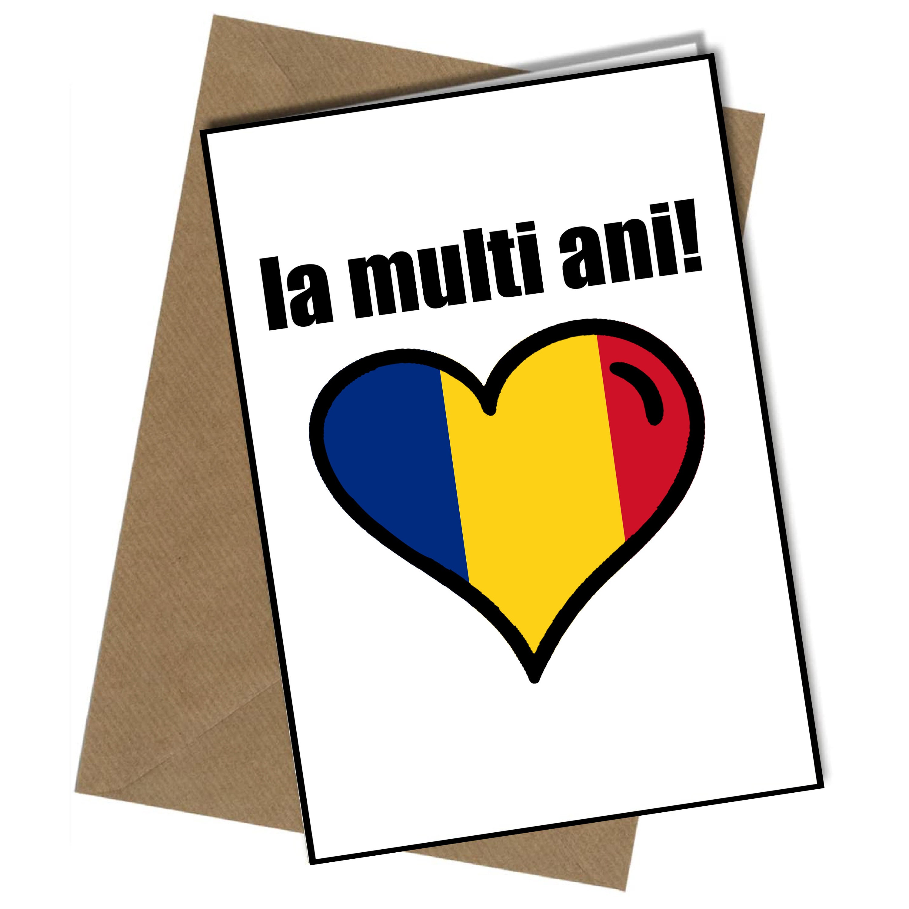 Happy Birthday in Romanian- Heart Shaped Romania Flag Birthday Card A5