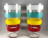 Vtg Tumblers Set 2 Anchor Hocking Color Bands Glasses Vintage Retro Pair Iced Tea Glasses XLNT Condition