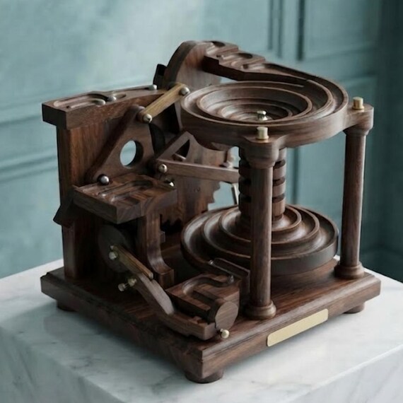 A walnut wood ball mill / marble machine where spheres cascade through carved wooden channels — hypnotic kinetic table art that doubles as a conversation-stopper.