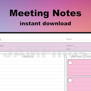 Meeting Notes Template Printable,  Pink, Purple, Business Note Taking, Meeting Minutes, Letter, Instant Download PDF