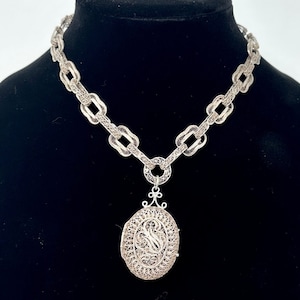 Cannetille Silver Filigree Locket Necklace 17&quot;, Vintage Large Filigree Link Chain Necklace, Unusual Square Link Silver Jewelry, European