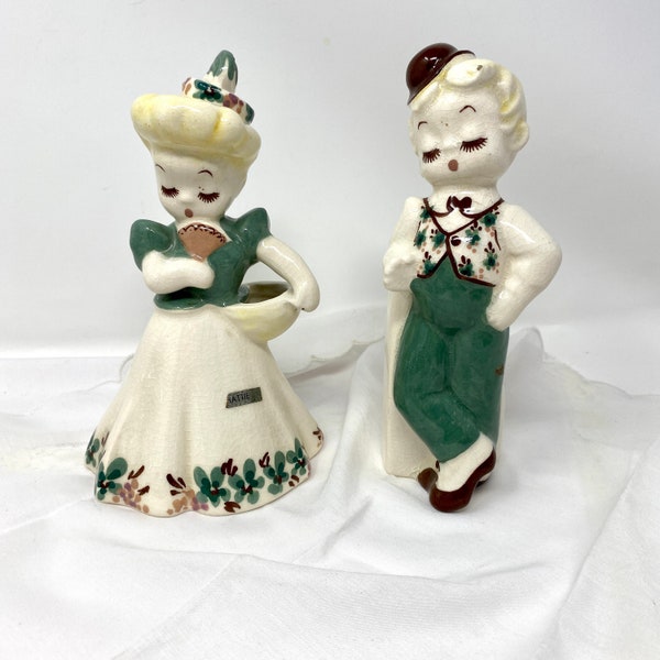 Vintage DeLee Art California Pottery Hank and Hattie Ceramic Figurine Bud Vases Pair, Vintage 1940s Pottery Figures Home Decor Green White