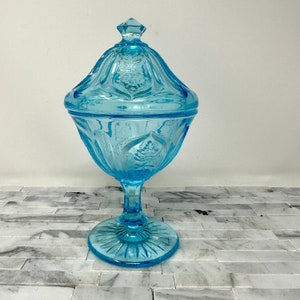 Aqua Blue Glass Pedestal Compote, Vintage Lidded Candy Dish, Light Turquoise Blue Decorative 7" Lidded Bowl, Blue Kitchen Decor, Vanity Jar