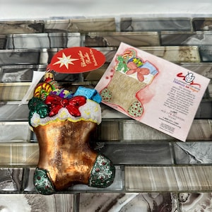Christopher Radko Christmas Stocking Tree Ornament 4 1/2&quot;, Vintage 2008 Childrens Art Project Exclusive Design Ornament Retired Polish Glass