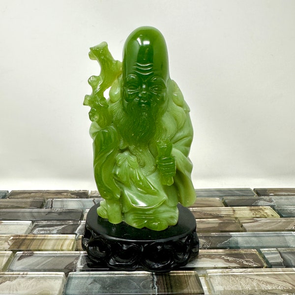 Faux Jade Resin Shouxing Wise Man Figurine 7 1/4", Vintage Chinese Fulushou Stellar God God of Longevity Decorative Statue Asian Home Decor