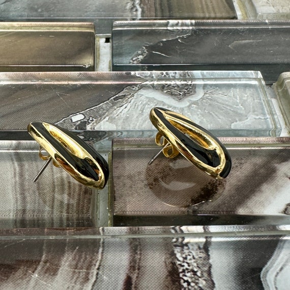Monet Black Enamel Pierced Earrings, Vintage 1980… - image 5