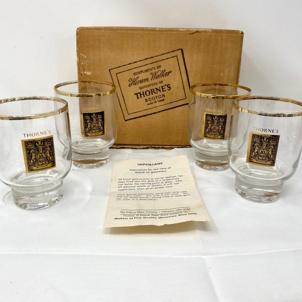 Thorne's Scotch Whiskey 10 Year Tumblers Set of 4 by Federal Glass, Vintage 1960s Gold Trim Barware 12 oz Rocks Glasses, Hiram Walker Import