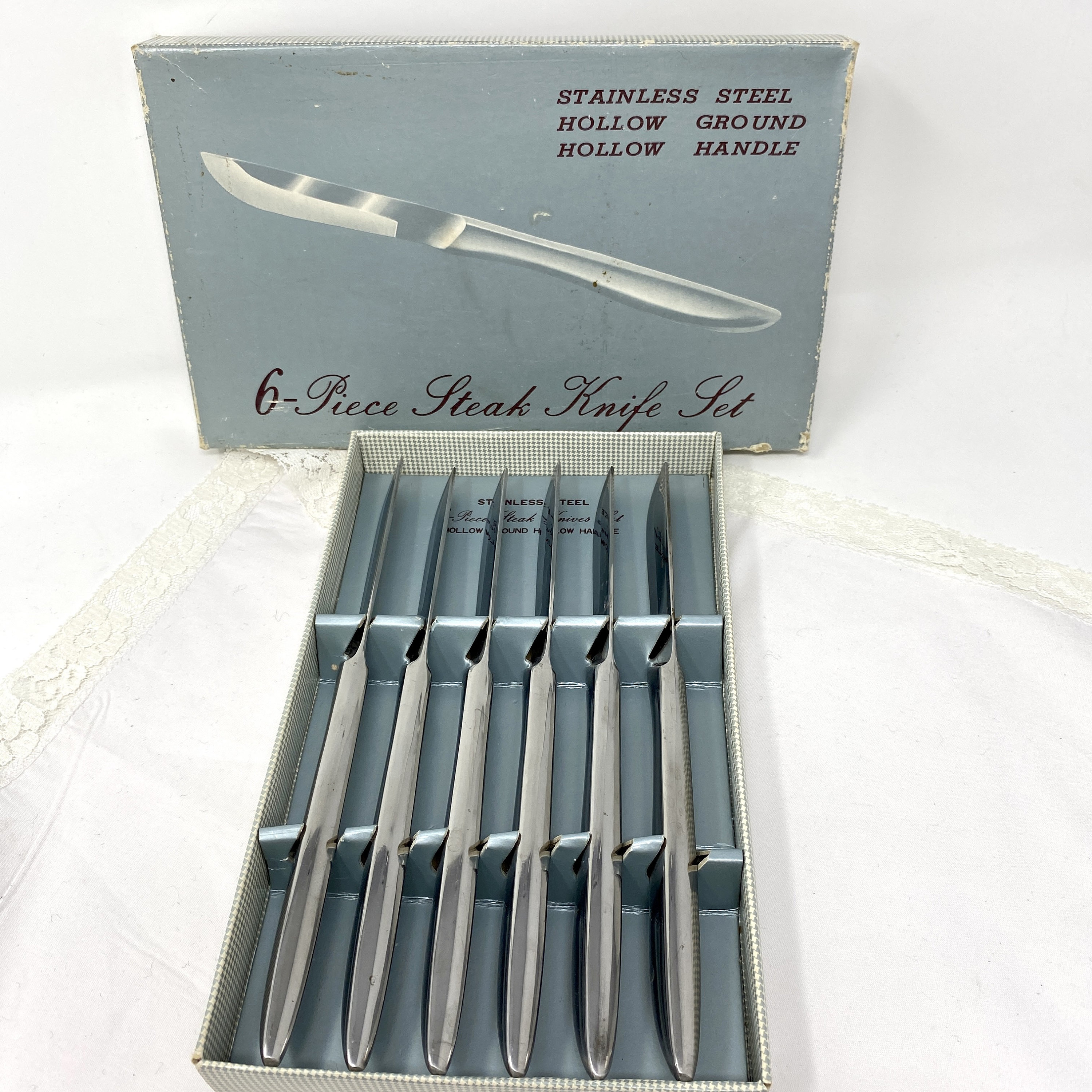 Stainless Steel Steak Knife Set, Vintage 1960s Hollow Ground