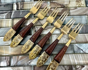 Thailand Bronze Rosewood Cocktail Forks Set 6 Siam Sitting Buddha Handles, Bronze Rosewood Place Setting Small Forks Bronze Flatware