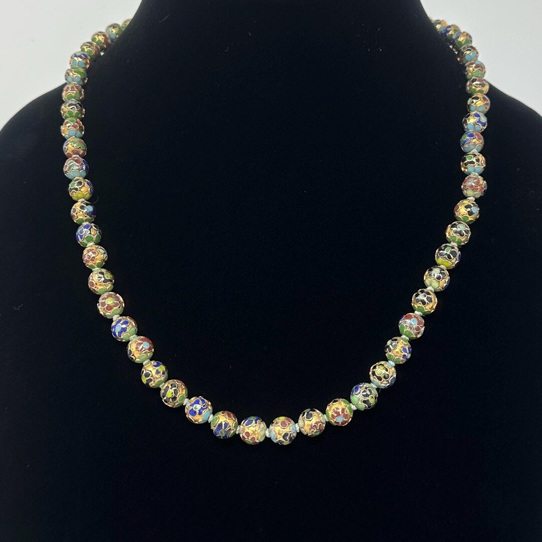 Cloisonné Knotted Bead Necklace 21", Vintage 9mm Floral Cloisonné Beads