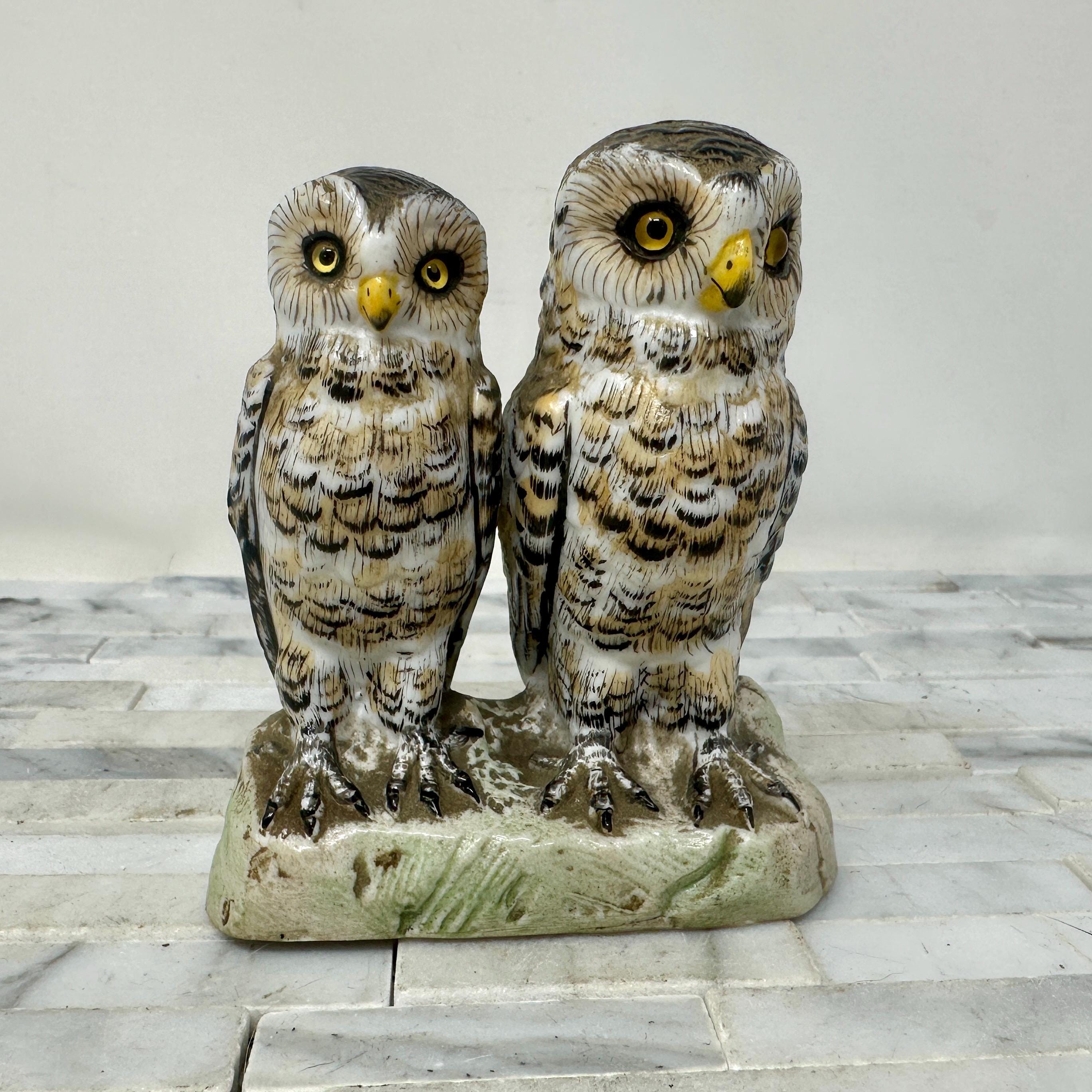Porcelain Pair of Owl Figurine 3 3/4", Vintage Brown White Barred Barn Owls Statue, Owl Lover G