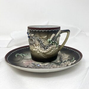 Occupied Japan Moriage Dragonware Black Miniature Demitasse Cup Saucer, Vintage 1940s Tiny Dragon Ware Cup Saucer, Japanese Dragon Ware