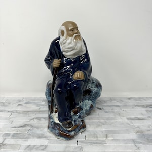 Chinese Mudman WanJiang Province God of Longevity 8 1/2&quot; Signed, Vintage Asian Mudmen Wise Man, Clay Blue Asian Home Decor Decorative