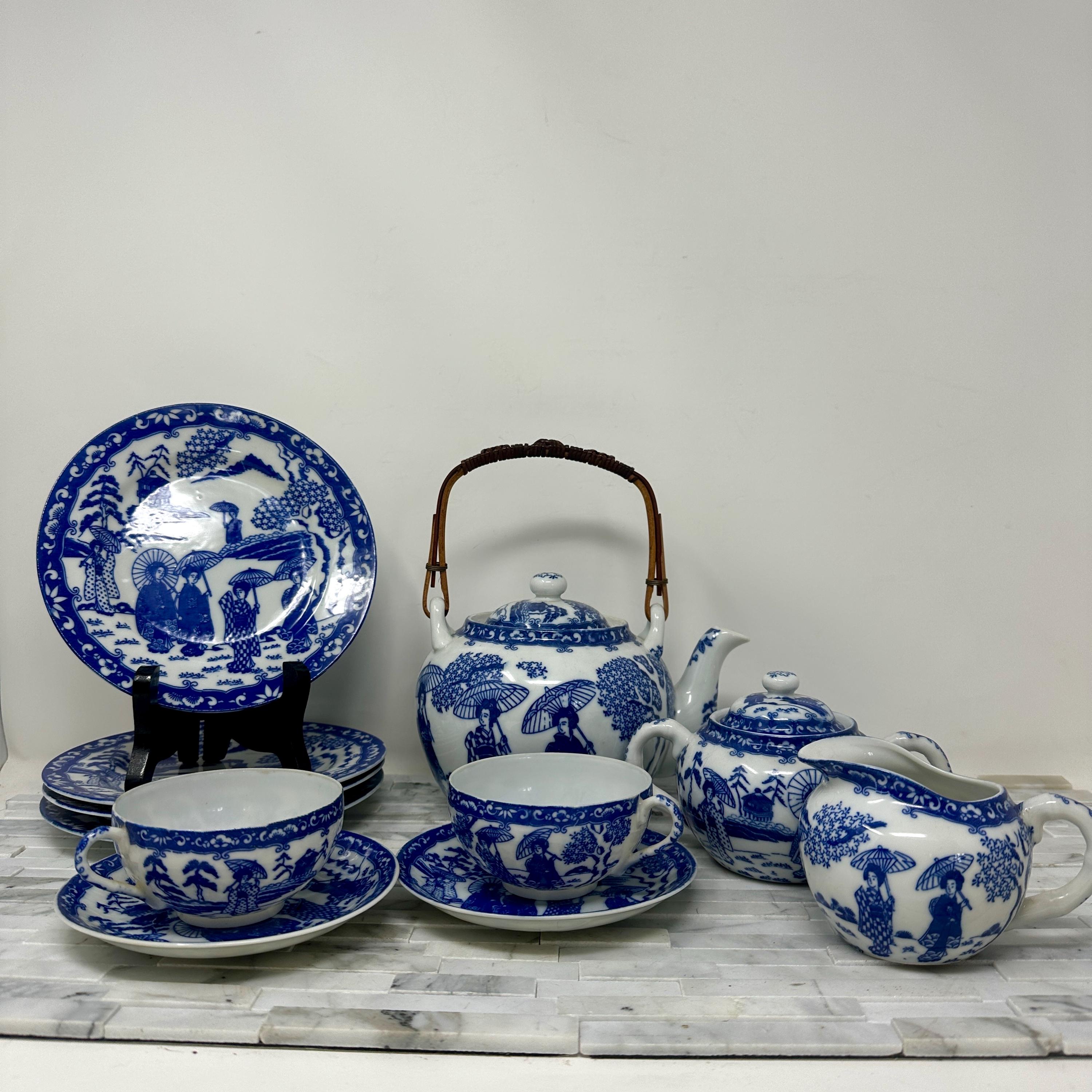 Mid Century Nichi Hon Japanese Tea Set, Blue White Porcelain