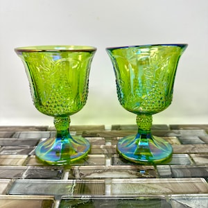 Colony Harvest Carnival Green Goblets 8 oz. Pair Indiana Glass Iridescent Green Water Wine Glasses, Grape Pattern Vintage Glassware