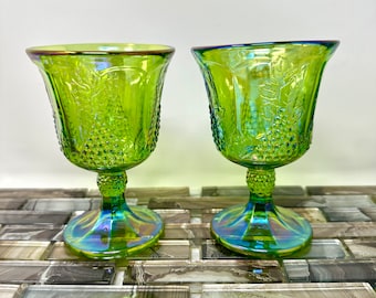 Colony Harvest Carnival Green Goblets 8 oz. Pair Indiana Glass Iridescent Green Water Wine Glasses, Grape Pattern Vintage Glassware