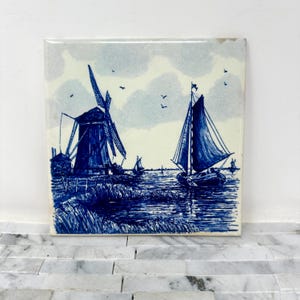 Belgium Blue White Sailboat Windmill Ceramic Tile Trivet 6&quot;, Vintage Hot Plate Kitchen Color Delft Style Decor