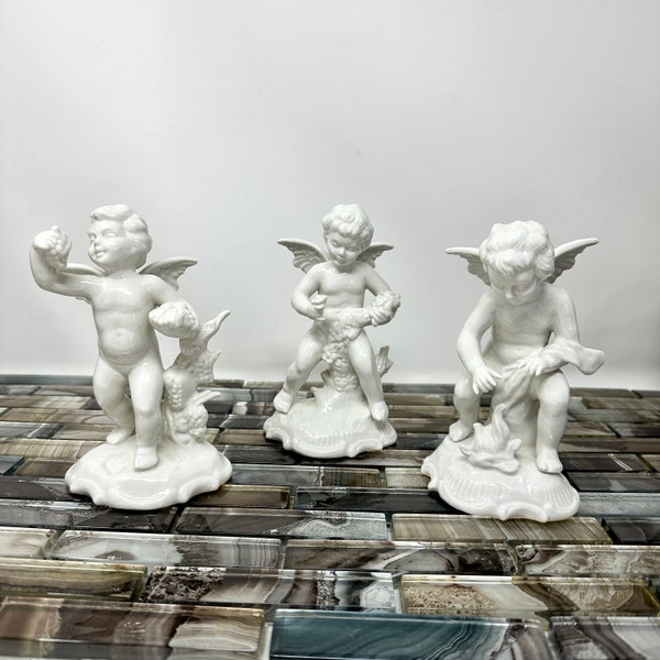 Dresden Cherub Figurine Four Seasons Winter Summer Spring Gloss Finish 5 1/2", Vintage German Porcelain Angel Figurine, Set of 3