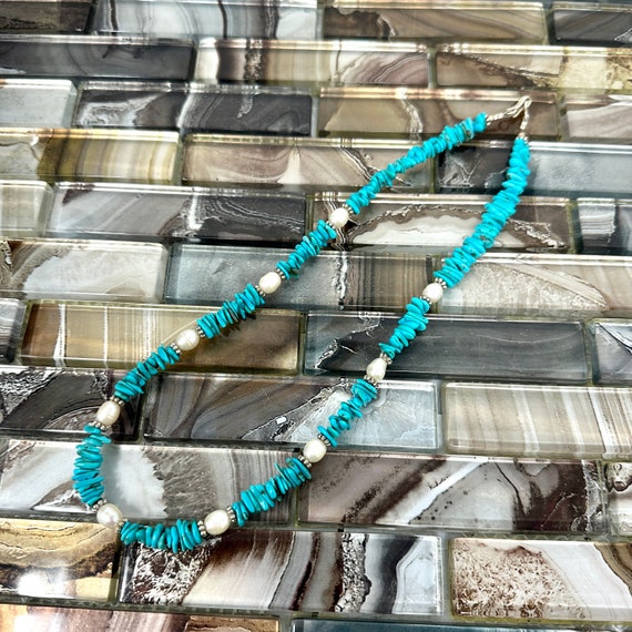 Turquoise Chip and Pearl Bead Necklace 18", Singl… - image 2