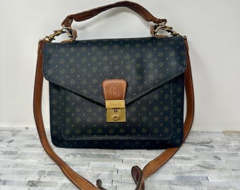 Pollini Italian Monogram Leather Shoulder Bag, Vintage Brown Tan Top Handle Made in Italy, Everyday Casual Office Square Handbag Purse