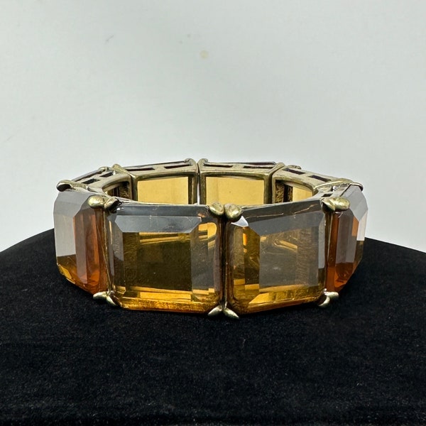 Gold Square Glass Stretch Bracelet, Vintage Chunky Large Amber Glass Bracelet, Costume Jewelry Statement Bangle Wide Rhinestone Bangle