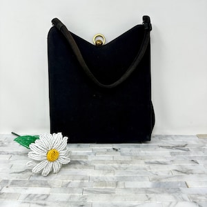 Monedero de tela negra con asa superior de Garay, bolso geométrico alto vintage de mediados de siglo, monedero moderno con forro de satén.
