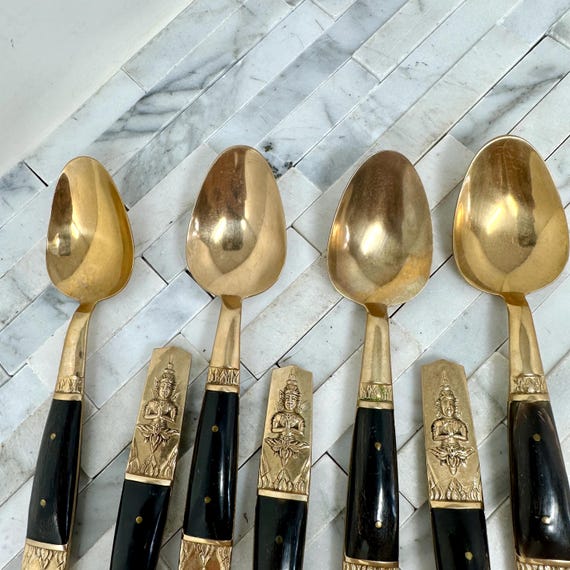 Mid Century Thailand Bronze Water Buffalo Horn Teaspoons Sitting