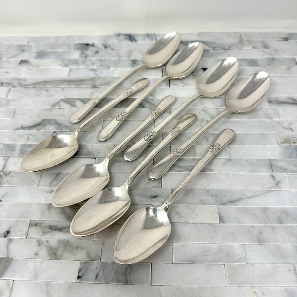 Rogers Bros Adoration Pattern Silver Plate Teaspoons Set 8, International Silver Vintage Floral Accent Place Setting Spoons, Vintage Dining