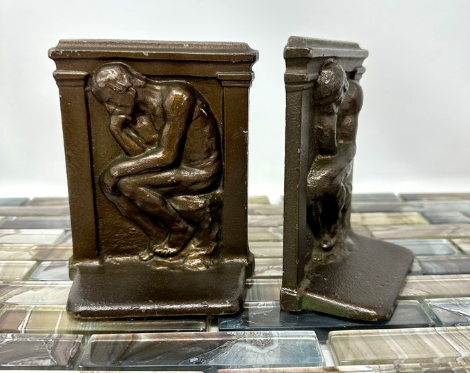 Cast Iron Rodin Thinker Bookends 4 3/4", Vintage 1920s 1930s Bronze Finish Art Deco Book Ends , Vintage Heavy Metal Library Home Decor