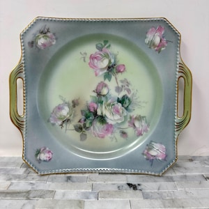 CT Altwasser Handled Square Serving Plate Pink Floral Gold 8&quot; Tray, Antique Vintage 1920s, Decorative Tray Art Deco Floral Vanity Tray,