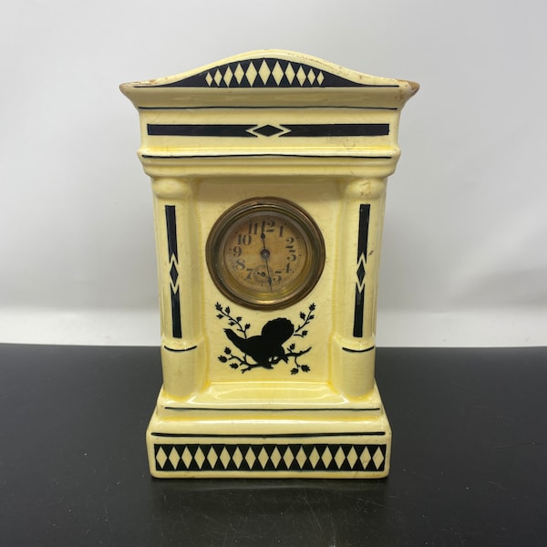 Art Nouveau Mantle Clock German Ceramic Yellow Black Bird Silhouette Decorative Wind Clock, Vintage Antique Art Deco Unique Home Decor AS IS