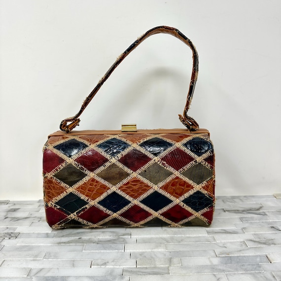 Patchwork Reptile Alligator Leather Box Purse Top… - image 1